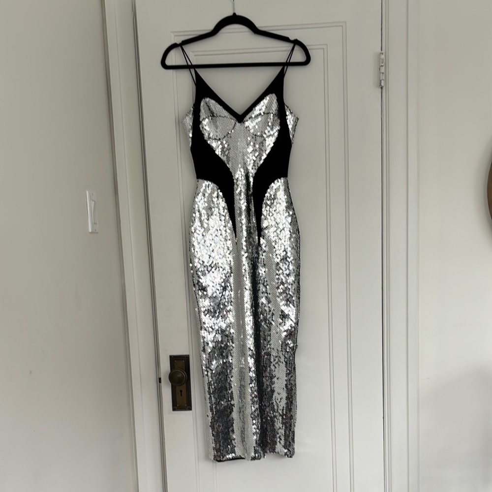 David Koma CONTOUR SEQUIN MIDI SLIP DRESS IN SILVER/BLACK